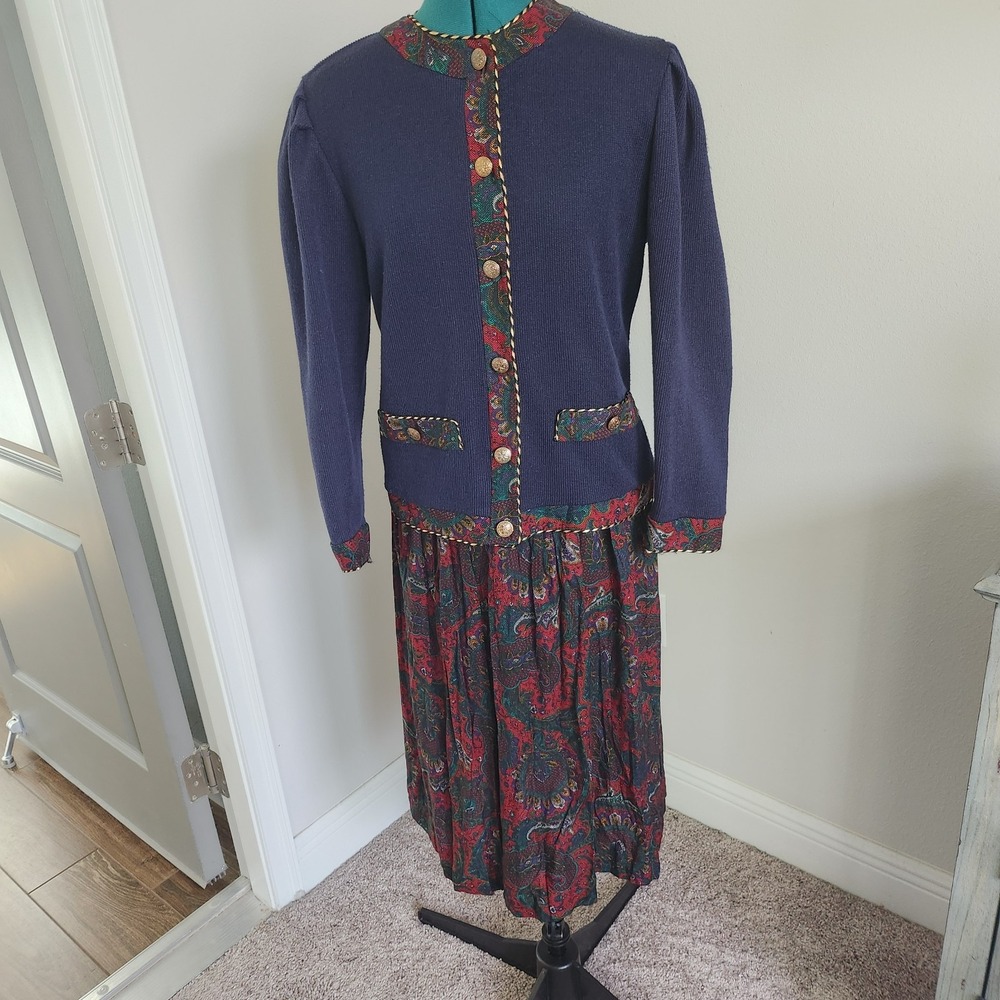 Jeffrey & Dara Skirt Set Women 6 Navy Maroon Vintage Paisley Sweater Pleated